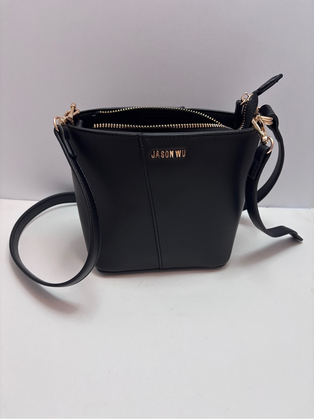 Jason Wu Black Leatherette Crossbody Bucket Bag with Gold Hardware
